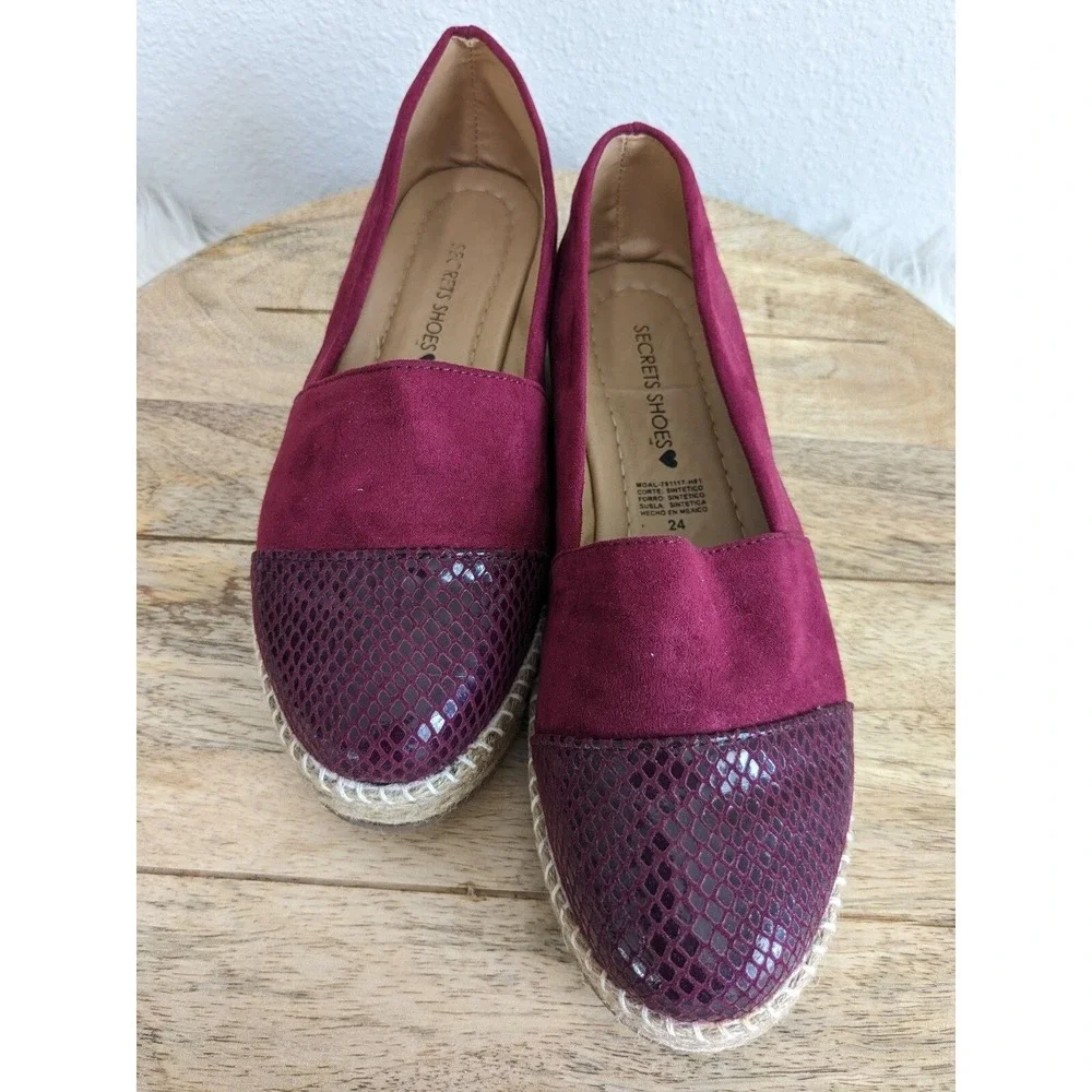 Womens Burgundy‎ Faux Suede Embossed Cap Toe Espadrille Flats Shoes 10 NEW Lq